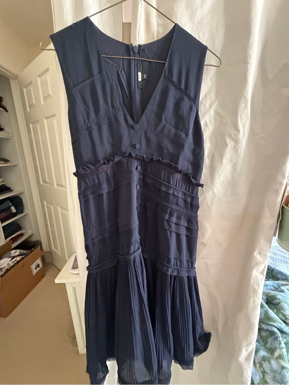 Sleeveless Navy V-Neck Button-Front Midi Dress